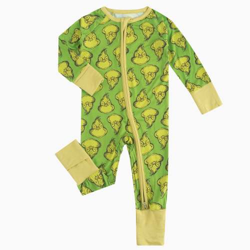 Christmas Green Guy Print Baby Bamboo Zipper Romper