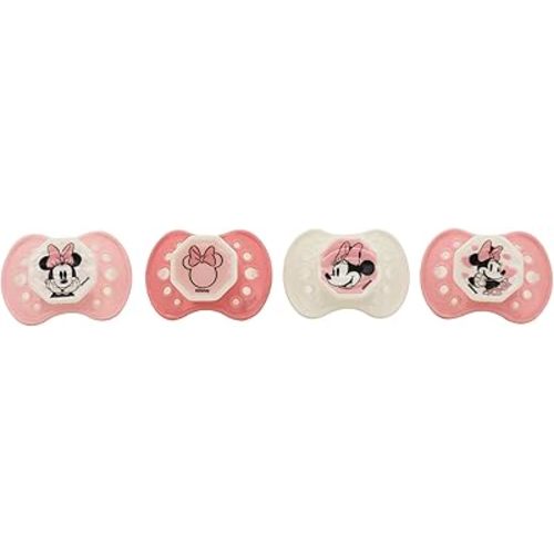 Disney Cudlie Minnie Mouse Baby Girl 4 Pack of Pacifiers with Old Time Minnie Print