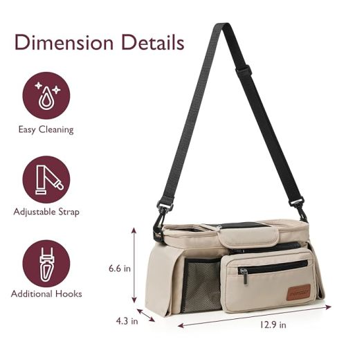 Momcozy Universal Baby Stroller Organizer, 2 Insulated Cup Holder, Detachable Zippered Pocket, Adjustable Shoulder Strap, Large capacity for baby essentials, Compact Design Fits Any Strollers - Off White