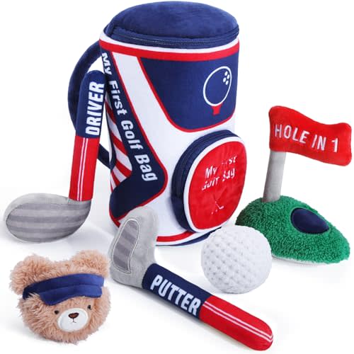 teytoy My First Baby Golf Bag Gift Set, 6 Pcs Baby Golf Toy Sensory Play Set with Plush Club, Ball, Bag, Bear, Fun Birthday Gift for Babies Infants Toddlers