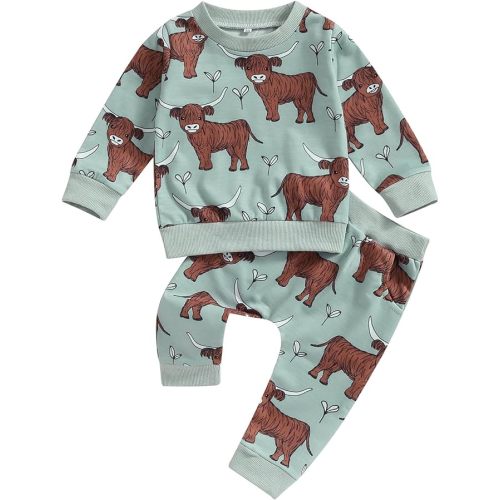 Gueuusu Western Toddler Baby Boy Clothes Cow Print Pullover Sweatshirt Drawstring Sweatpants Cowboy 2Pcs Fall Winter Outfits