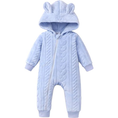 Saeaby Newborn Baby Girl Boy Clothes Fall Winter Infant Long Sleeve Fleece Jumpsuit Romper Hooded Baby Snowsuit Bear Outfit