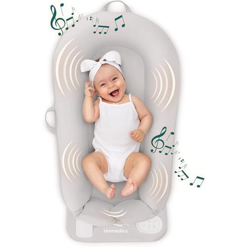 Homedics 3-in-1 Calming Baby Cushion, Soothing Comfort for Newborns & Infants, Snuggling Sensation, Sound and Vibration, Designed for Safety, Cordless, Rechargeable & Machine-Washable, Gray
