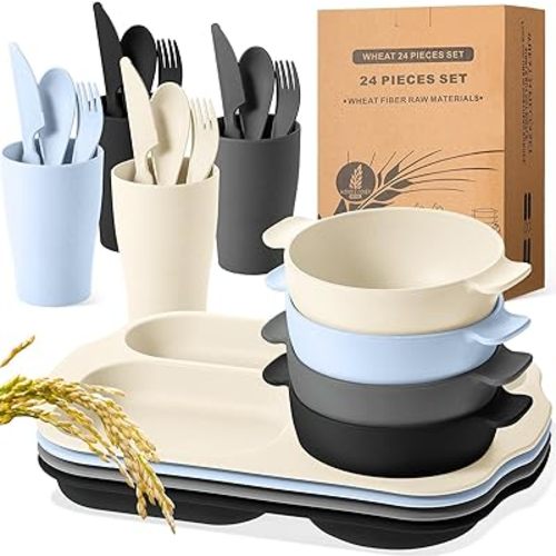 24 Pcs Wheat Straw Dinnerware Cutlery Set for Kids Toddler Aldult Including Divided Plates Microwave Dishwasher Safe Bowl Unbreakable Tableware Straw Cutlery Spoon Knife Fork(Vivid Color)