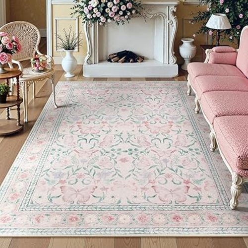 Lahome Floral Pink Rugs for Bedroom Girls, Butterfly 8x10 Living Room Area Rug Soft Girls Room Rug, Washable Area Rug Non Slip Non Shedding Floor Carpet for Playroom Dining Room