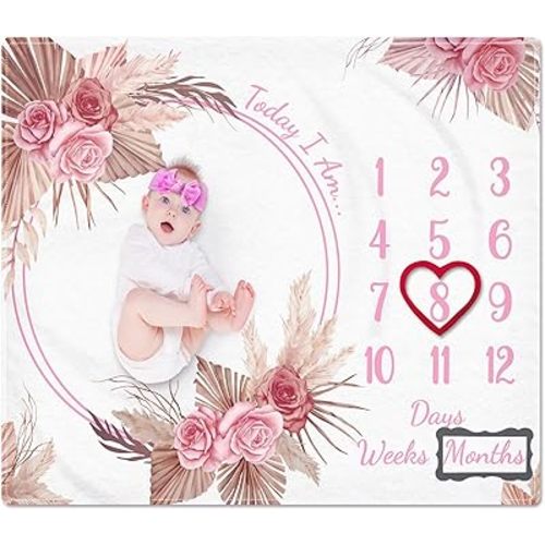 Baby Monthly Milestone Blanket for Baby Girl Soft Fleece Months Baby Milestone Blanket for Newborn, Floral Photography Background Baby's First Year Milestone Blanket Nursery Decor, 50" x 40"