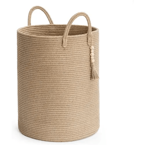 Goodpick Tall Wicker Laundry Basket with Handles, Boho Decorative Storage Basket for Living Room, Bedroom, Entryway, Bathroom, Large Woven Blanket Basket for Pillows, Towels, Shoes, Jute, 16" x 20"