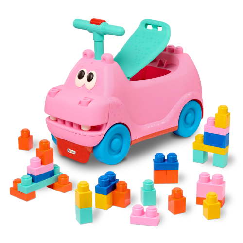 Battat Pink Ride-On Hippo with 26 Building Blocks and Storage, Ride-On Toy for Toddlers 12 Months +