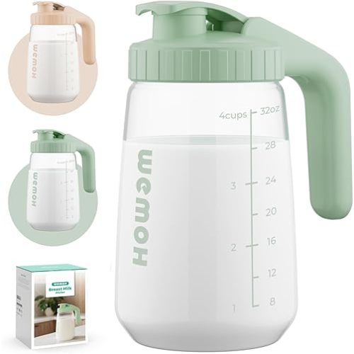 32oz Breast Milk Pitcher, 3X-Thick Heat & Cold Resistant Borosilicate Glass, Leakproof Breast Milk Fridge Storage Container with Wide Mouth & Ergo Grip, Dishwasher Safe, Fast Baby Formula Maker