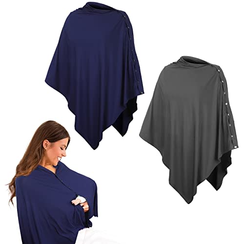 2 Pcs Nursing Cover for Breastfeeding Privacy Breathable Breastfeeding Cover Breathable Soft Privacy Poncho Multi-use Nursing Shawl Portable Breast Feeding Covers for Women(Gray, Dark Blue)
