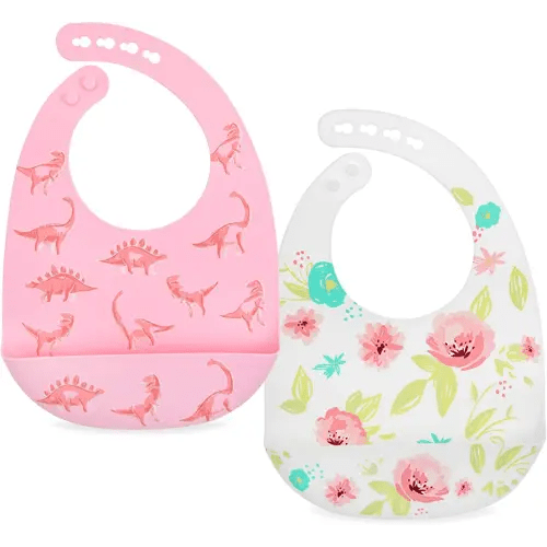 Nuby 2 Pack Adjustable Easy Clean Soft Silicone Bibs with Scoop, Pink Dinosaurs & Flowers