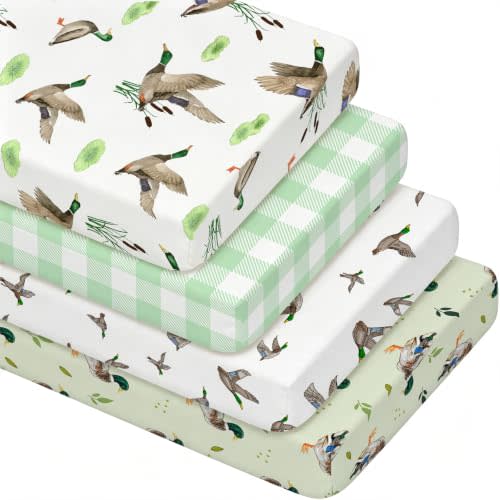 4 Pack Mallard Duck Baby Crib Sheet for Girl or Boys, Green Gingham Fitted Crib Sheet Soft Breathable, Mallard Duck Nursery Decor for Standard Mattresses Gift Set 28 x 52 in