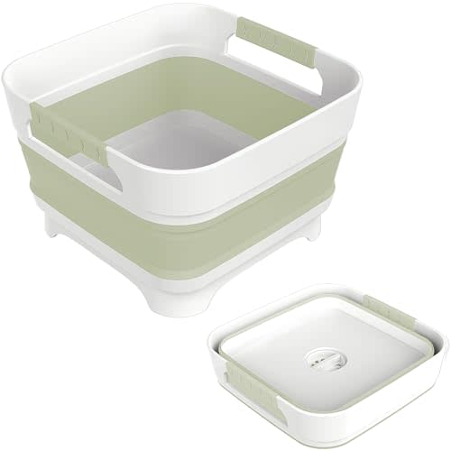 MontNorth 2.4 Gal Collapsbile Wash Basin with Drian Plug,9L Dish Pan for Soaking Baby Bottles,Portable Sink, Multiuse Foldable Bucket,Ice Beverage Tubs for Camping, Vegetable Washing, RV (Green)