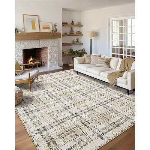 Modern Washable 8x10 Area Rug - Soft, Non-Slip, Stain Resistant, Farmhouse Tartan Plaid for Living Room, Bedroom, Nursery, Office - Beige