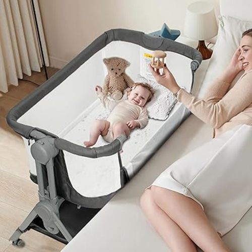 Baby Bassinet Bedside Crib, 5 Height Adjustable Bedside Crib, Newborn Portable Bassinet with Wheels, U-Shaped Diaper Table, Music Box & Hanging Toys