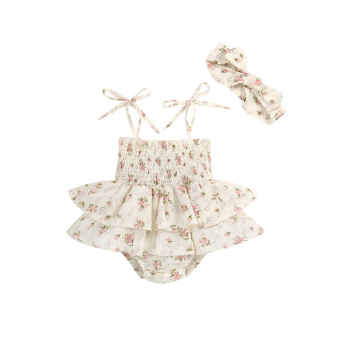 Canrulo Newborn Baby Girls Romper Tie-Up Spaghetti Strap Sleeveless Floral Bodysuit Jumpsuit Pleated Tutu Dress Beige 0-6 Months