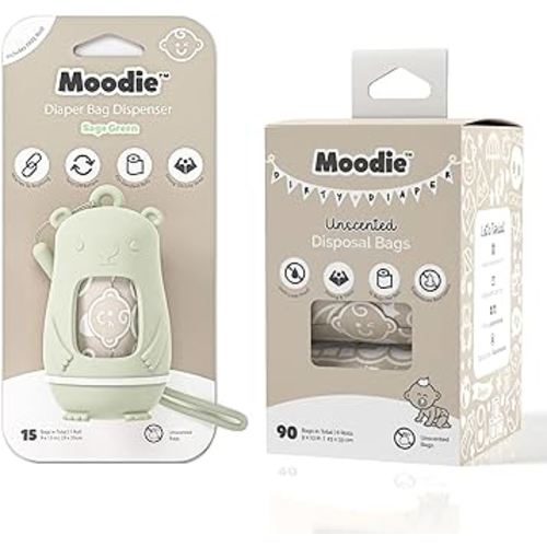 Teddy Bear Diaper Bag Dispenser w/Silicon Strap (SAGE GREEN) & 6 Refill Roll PACK (UNSCENTED - 105 Bags TOTAL) | Diaper Bag Essential Items