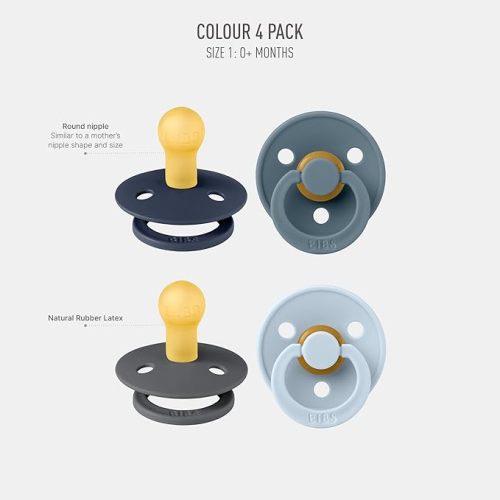 BIBS Color Pacifiers 4-Pack | BPA Free Soother Pacifier | Round Nipple | Natural Rubber Latex | Made in Europe | Size 0-6 Months | Deep Space Mix