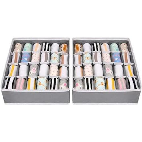 Joyoldelf Sock Drawer Organizer Divider 2 Packs Underwear Organizer, 24 Cell Collapsible Closet Cabinet Organizer Underwear Storage Boxes for Storing Socks, Handkerchiefs, Ties, Belts (Grey)