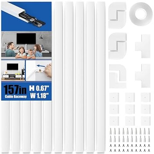 Delamu 157in Cord Hider, Cable Management Raceway, Paintable Wire Cover for Cords for TV on Wall, 10 X L15.7 W1.18 H0.6in, White