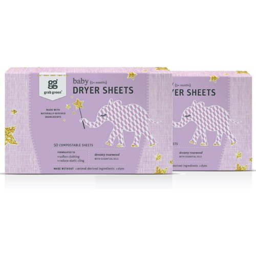 Grab Green Newborn Baby Dryer Sheets 80, Rosewood Scent, 2 Pack (160 Sheets Total)