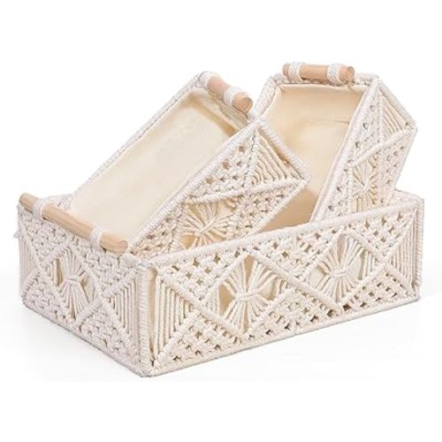 ANMINY 3PCS Macrame Storage Baskets for Organizing Boho Decor Baskets Storage Bins with Wood Handles Handmade Decorative Storage Boxes with Removable Liner Toilet Tank Bathroom Self Basket Organizer