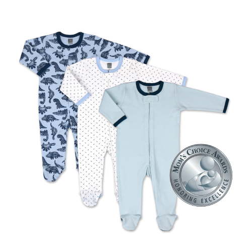 The Peanutshell Baby Sleep n Play Footed Pajamas for Boys or Girls, Blue Dinosaur, 3 Pack, Newborn to 9 Months