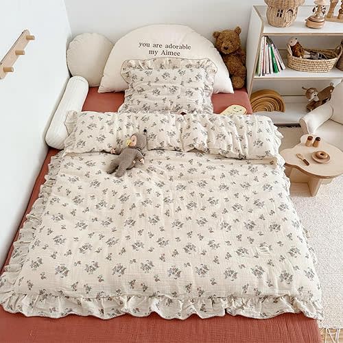 AOJIM Kids Cotton Muslin Duvet Cover with Floral Patterns, 1pc Super Soft Toddler Bedding Comforter Cover 2-Layer Gauze 59X79'', Ruffled Edges Print Duvet Protector for Girls Boys, No Quilt or Pillow