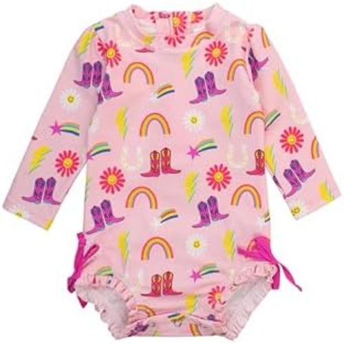 RuffleButts Baby Girls UPF 50+ Sun Protection Novelty Print Long Sleeve One Piece Rash Guard Swimsuit with Zipper