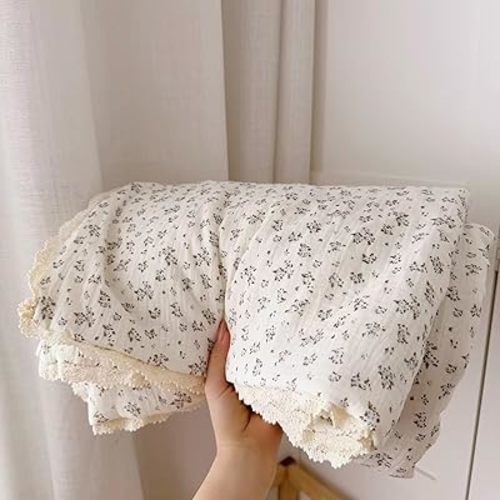 BuLuTu Chic Floral Kids Quilt 100% Cotton Muslin Comforter for Twin Bed/Toddler Bed, Blue Brown Flower Quitled Blanket Lace Edges Comforter for Toddler Girls Boys, 47x59 Inches, No Pillow