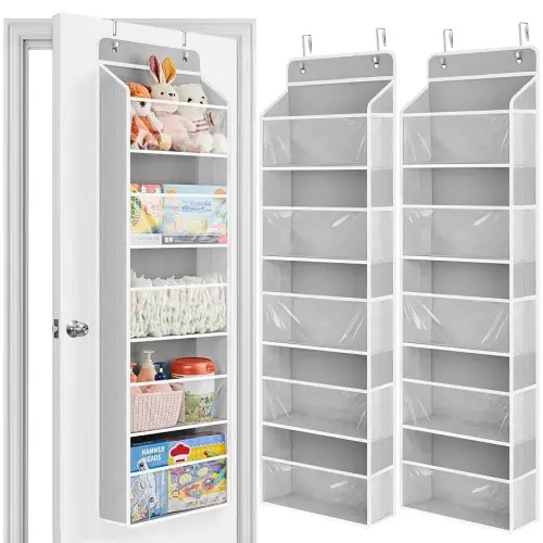JARLINK 2 Pack Toy Stuffed Animal Storage, Over The Door Organizer W/Clear View Windows, 44lb Load, Baby Toy Storage Organizer for Nursery, Kid Bedroom, Newborn Baby Essentials (Light Grey)