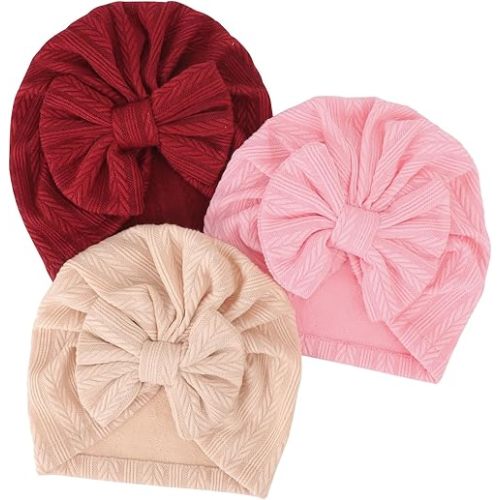 DRESHOW BQUBO 3 Pieces Newborn Baby Turban Hats Bow Baby Infant Beanie Breathable Toddler Cap for Baby Girls