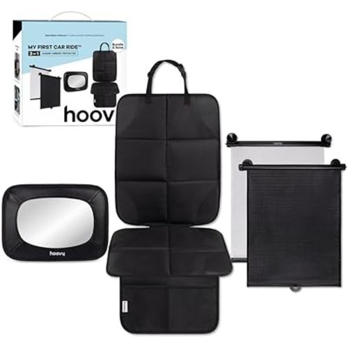 Hoovy My First Car Ride™ 3-in-1 Baby Car Essentials Bundle, Roller Sun Shades, Rear-Facing Mirror, and Seat Protector