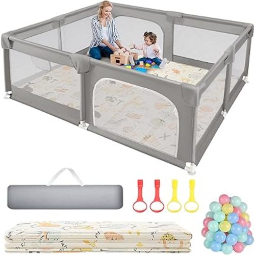 Sour Lemon Baby Playpen with Play Mat, 79x71 inch Extra Large Playpen for Babies and Toddlers, Baby Fence Play Pen Yard with Safety Gate Fence with 50 Ocean Balls 4 Pull Rings for Kids Indoor Outdoor