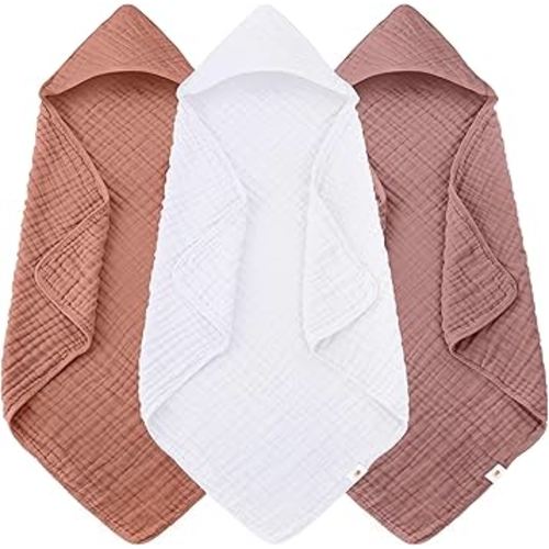 Sunny zzzZZ Muslin Hooded Baby Bath Towels - 3 Pack 100% Cotton Soft Low-Saturation Pastel Towels Including Classic White for Newborns, Infants, Toddlers - 32x32 Inch - Deep Bean Paste and White