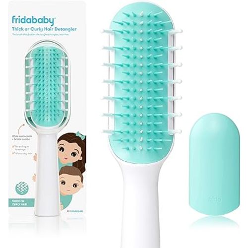 Frida Baby Thick or Curly Hair Detangler Brush for Kids, Toddler Hairbrush Detangles Knots Without Tears or Breakage, Comb Teeth and Bristle Design, White/Blue ,1 Count