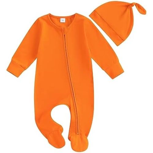 Newborn Baby Girl Boy Clothes Infant Long Sleeve Soild Footed Romper Zipper Footie Jumpsuit With Hat Fall Outfit