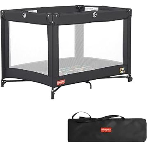 Fisher-Price Play All Day Baby Playard in Black, No Tool Assembly, Easy One-Hand Fold Playard, Breathable Mesh Sides, Carry Bag Included