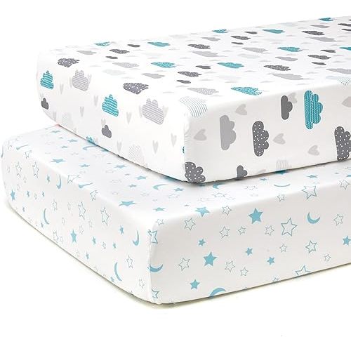 TILLYOU Baby Crib Sheets for Boys Girls, Fitted Crib Sheet 2 Pack for Standard Crib and Toddler Mattresses, Super Soft Toddler Bed Sheets, 28"x52"x8", Blue Clouds & Blue Stars