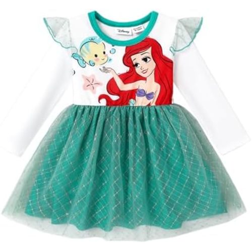 Disney Frozen Elsa Princess Cinderella Ariel Jasmine Rapunzel Baby/Toddler Dress, Ruffle Long-Sleeve Mesh Overlay Tulle Dress