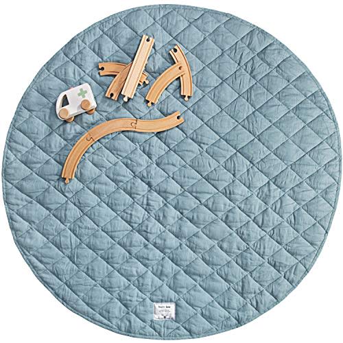 Baby Play Mat | Pure French Flax Linen Tummy Time Mat | Luxury Quilted Play Mats for Infants | Babies & Kids Playmat for Crawling & Playing (Blue Dust, Round)