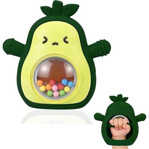 HAILI XMGQ Baby Teething Toys for 3-6 6-12 Months, Avocado Teething Mitten with Rattle, Food Grade Silicone Wrist Hand Teether for Teething Relief Newborn Chew Toys