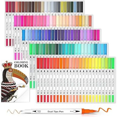 Lelix 120 Colors Dual Tips Brush Pens Art Markers with a Coloring Book, Brush and Fine Point Pens Fineliner for Adults Kids Coloring Books Calligraphy Journaling Lettering Drawing