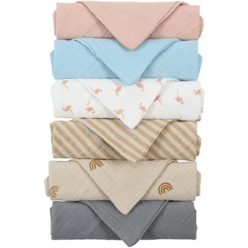 Baby Organic Muslin 100% Cotton Washcloths - 4 Layer Hypoallergenic Saliva Soothe Body Face Towel- aprox 9x9 inch -Newborn Essentials - Boys and Girls (6Pack Random Colors)