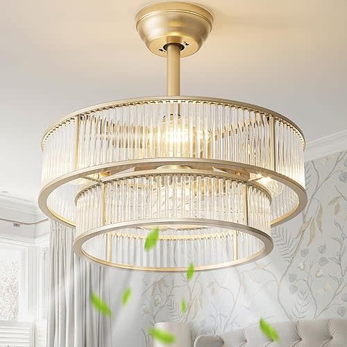 20 Inch Gold Crystal Fandelier Ceiling Fan with Light, Mid Century Gold Fandelier Ceiling Fans with Lights Remote Control, Caged with 6 Speeds for Bedroom, Nursery, Living Room(US-FS-SJ03)