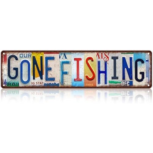 Vintage Gone Fishing Metal Tin Signs Street Signs Man Cave Bar Cafe Home Wall Decor 16 x 4 Inches