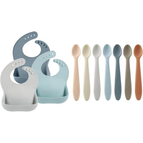 PandaEar 3 Pack Silicone Bibs & 7 Pack Silicone Baby Feeding Spoons