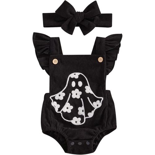 Muasaaluxi Newborn Baby Girl Halloween Outfit Ruffle Fly Sleeve Ghost Embroidery Romper Corduroy Bodysuit Headband 0-18M