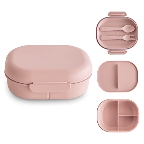 mushie Kids Bento Lunch Box | 3-Compartment & Removable Divider + Fork & Spoon Utensils | Great For Meals, School, Snacks On-the-Go | Dishwasher Safe (Blush)