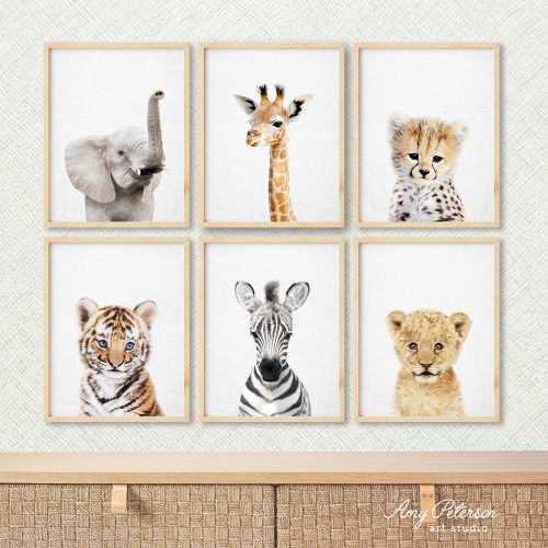 Set of 6 Baby Safari Animals for Nursery Animal Wall Art, Nursery Decor, Baby Animal Art, Unframed Animal Art Print by Amy Peterson